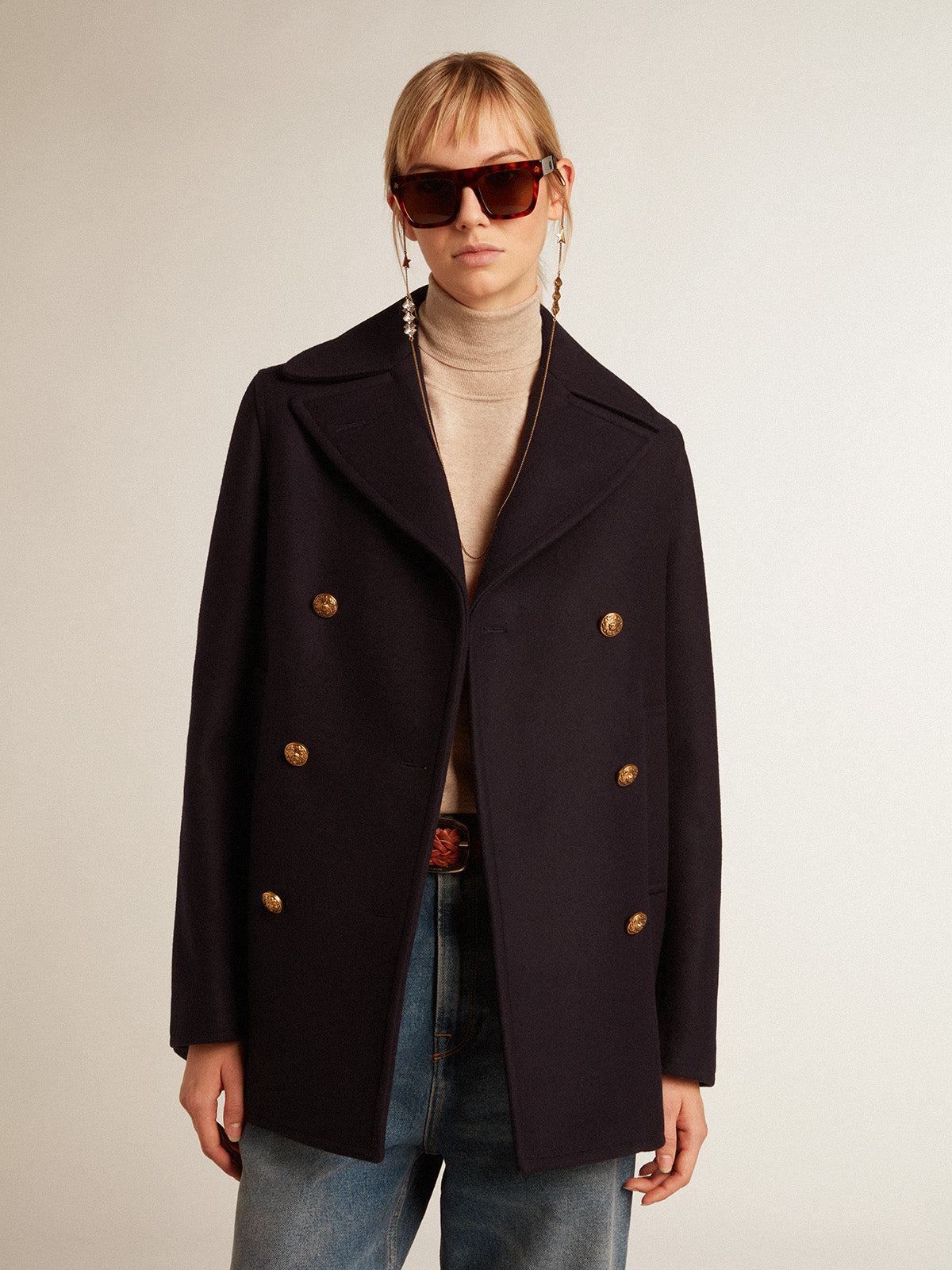 Women's dark blue peacoat with gold-colored heraldic buttons| Golden Goose