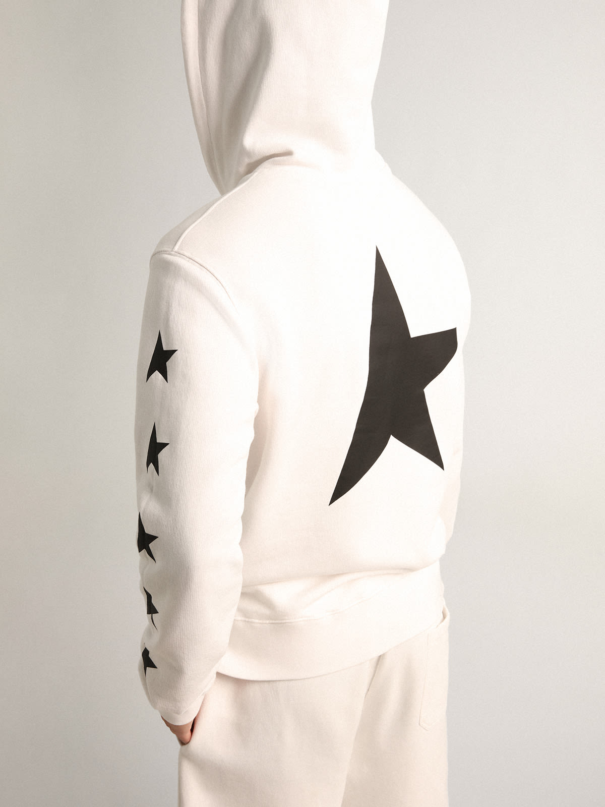 Alighiero Star Collection hooded sweatshirt in vintage white with contrasting black stars| Golden Goose