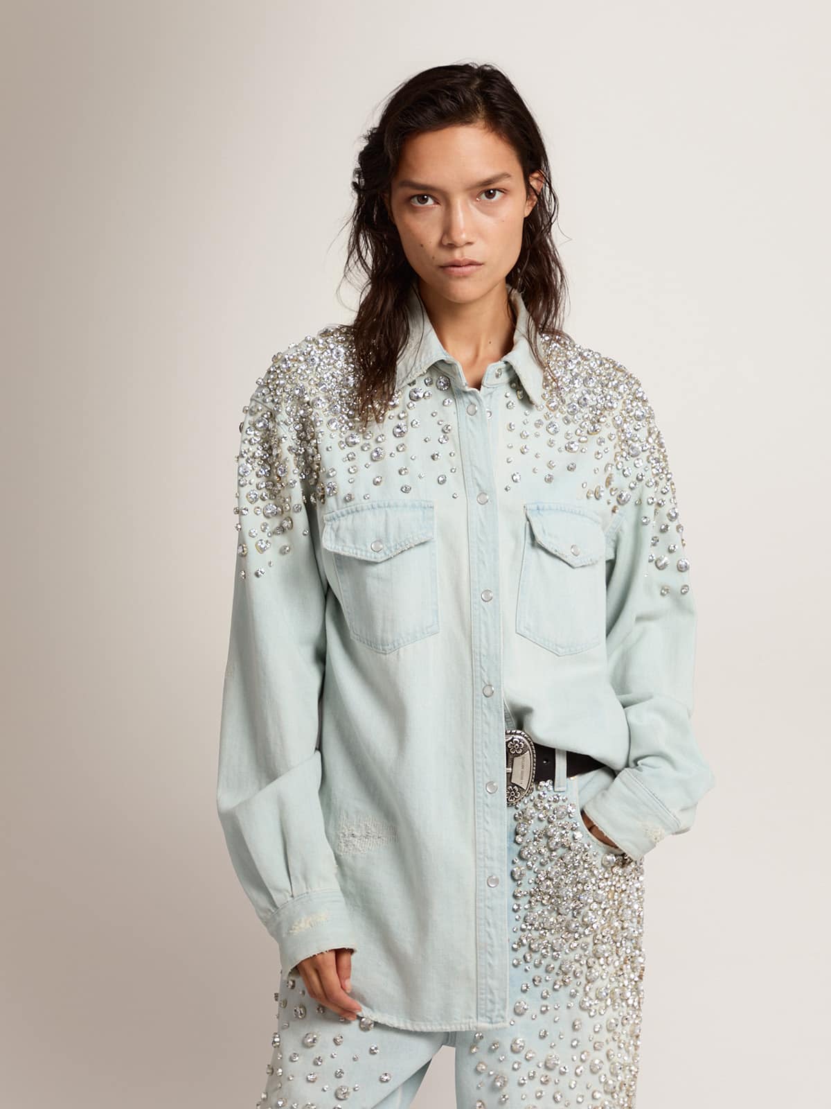 Women's bleached boyfriend shirt with cabochon crystals| Golden Goose