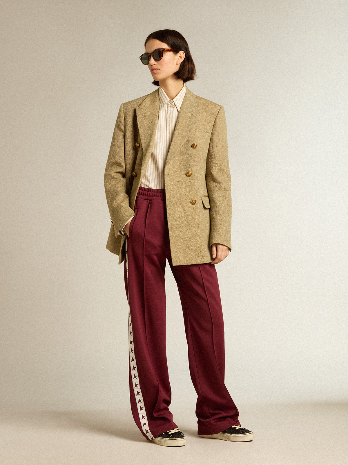 Women's white cotton shirt with beige stripes| Golden Goose