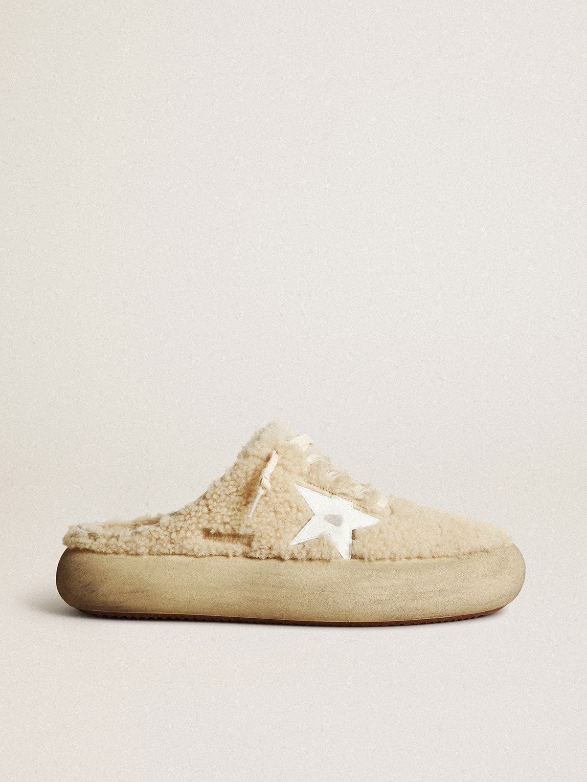 Men's Space-Star Sabots in beige shearling with white leather star| Golden Goose