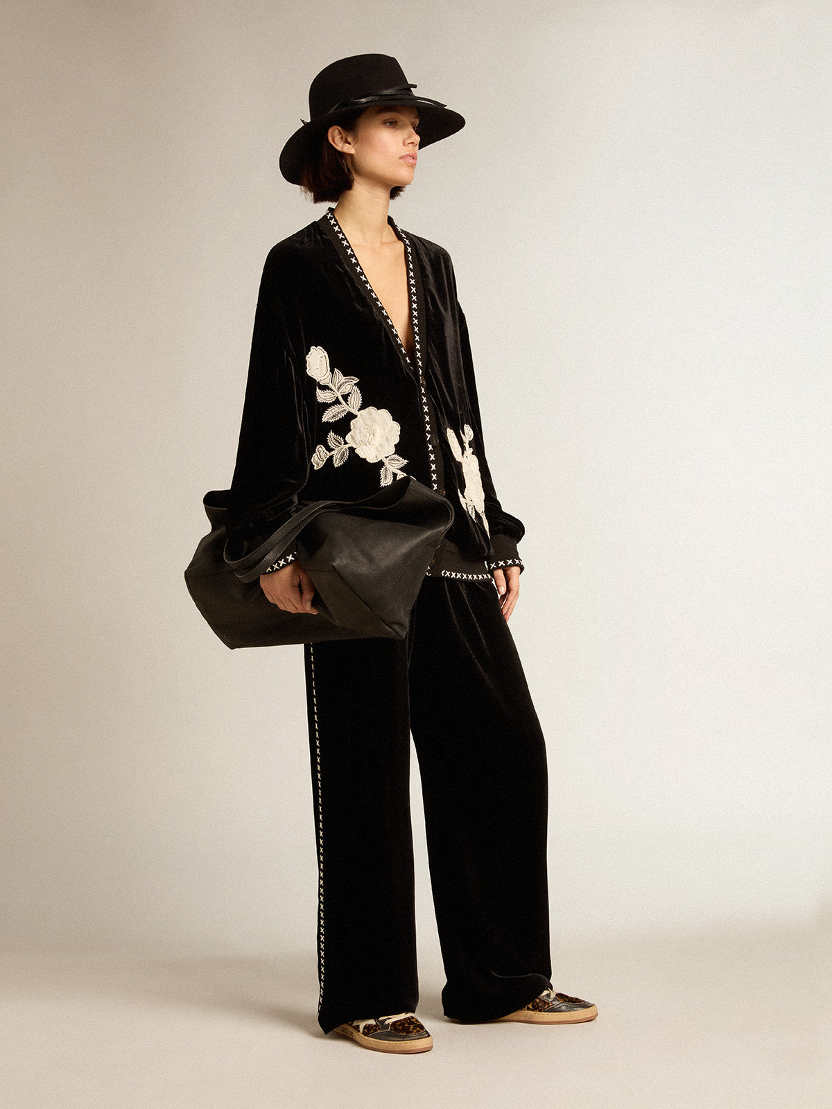 Black velvet jacket with floral embroidery on the front| Golden Goose