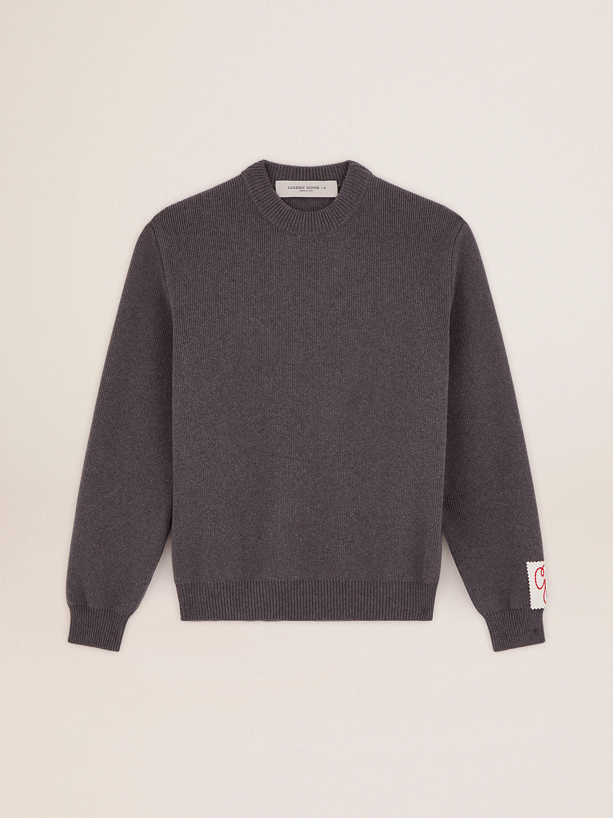 Women's round-neck sweater in dark gray cotton with logo on the back| Golden Goose