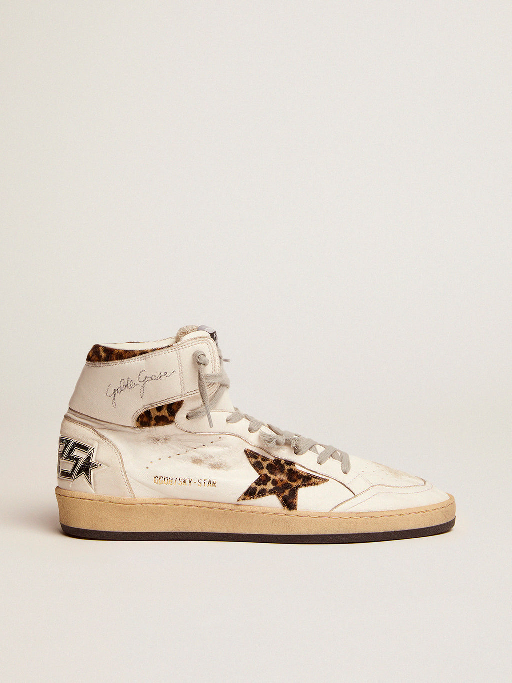 Sky-Star sneakers with signature on the ankle and leopard-print pony skin inserts| Golden Goose