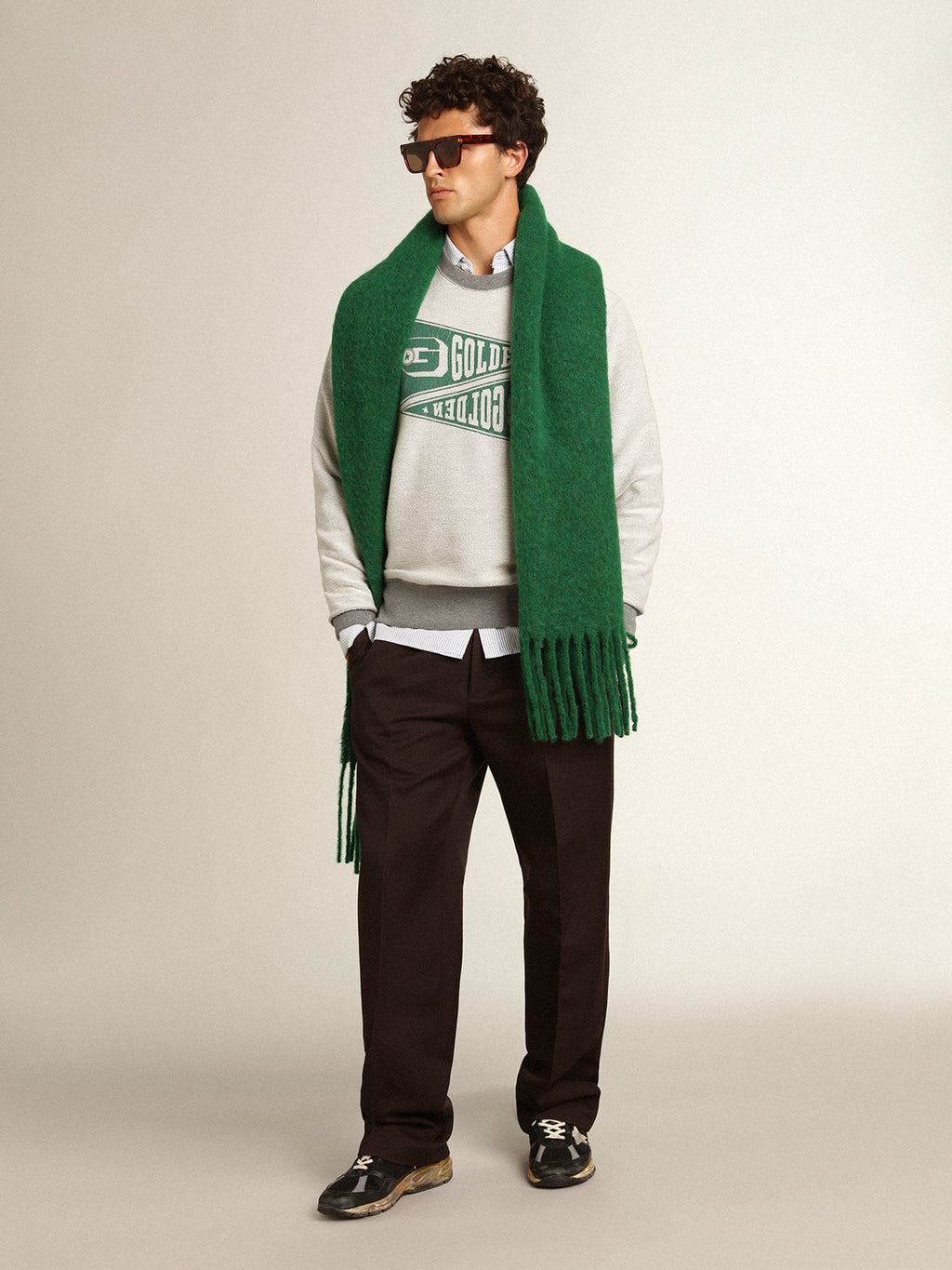 Men's mélange gray sweatshirt with green print| Golden Goose