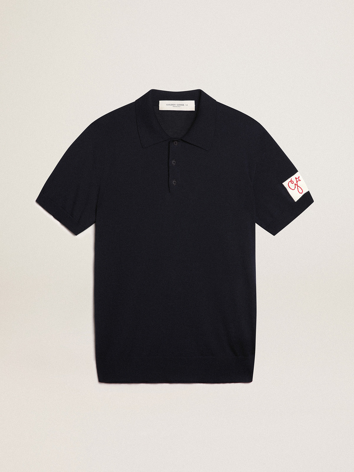 Men's short-sleeved polo shirt in navy-blue merino wool| Golden Goose
