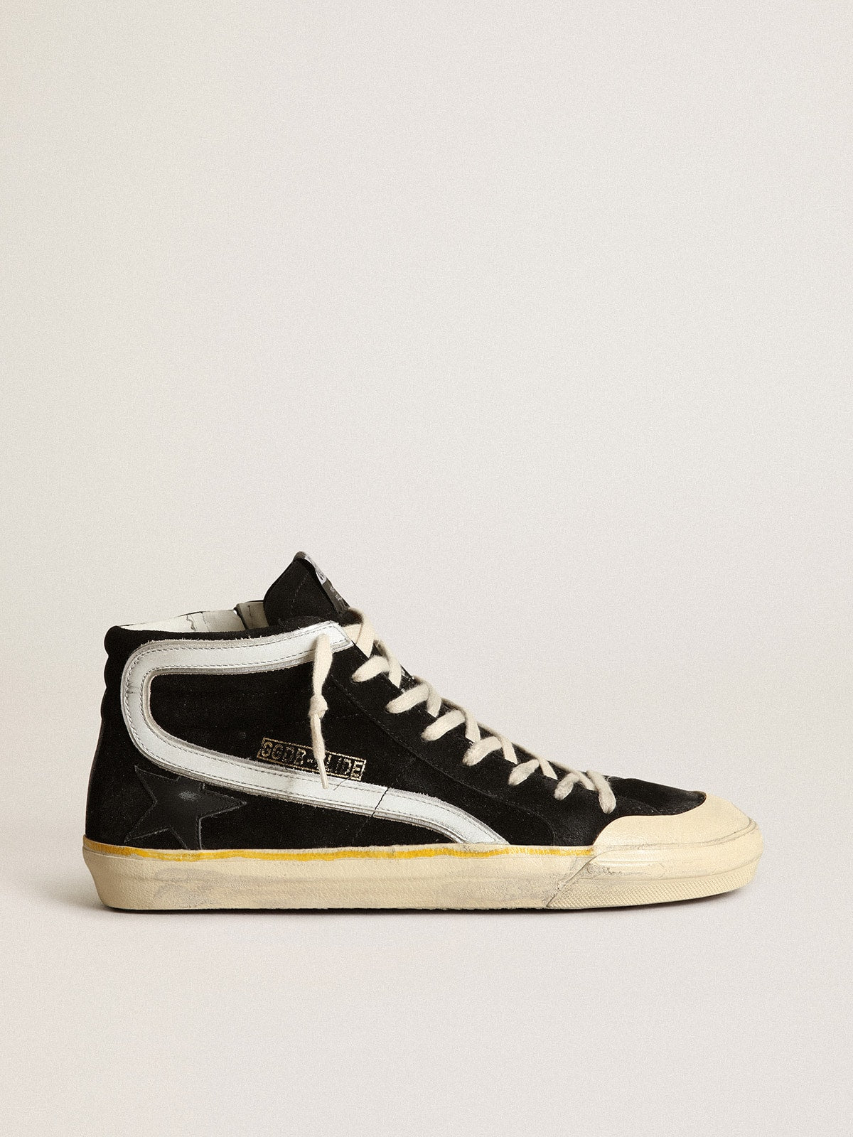 Men's Slide Penstar in black suede with black star and white flash| Golden Goose