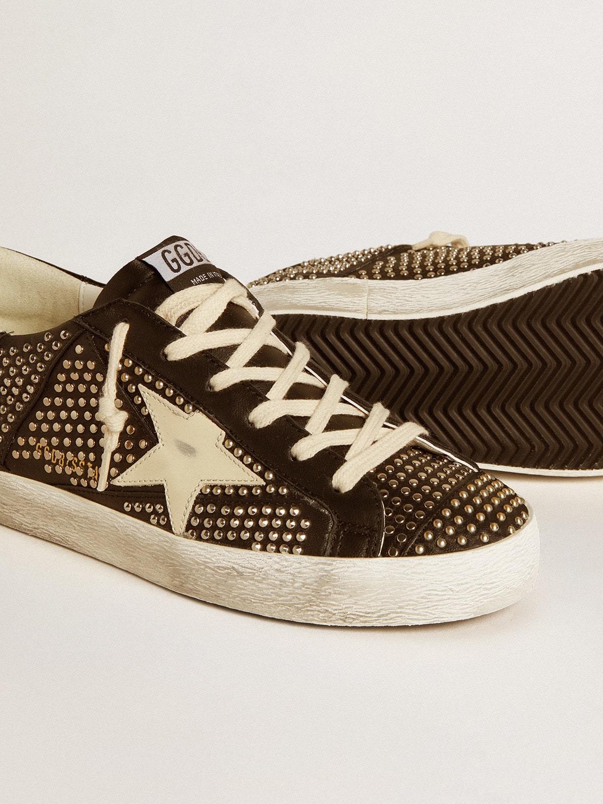 Women's Super-Star in studded black nappa with white leather star| Golden Goose