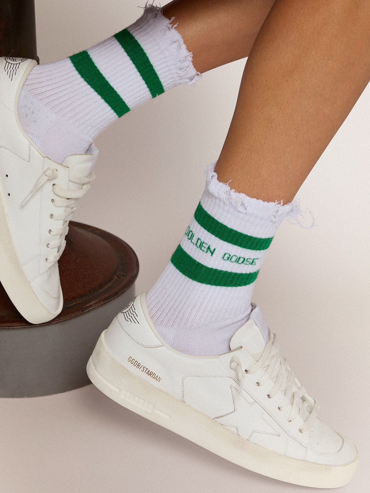 Cotton socks with distressed finishes, green stripes and logo| Golden Goose