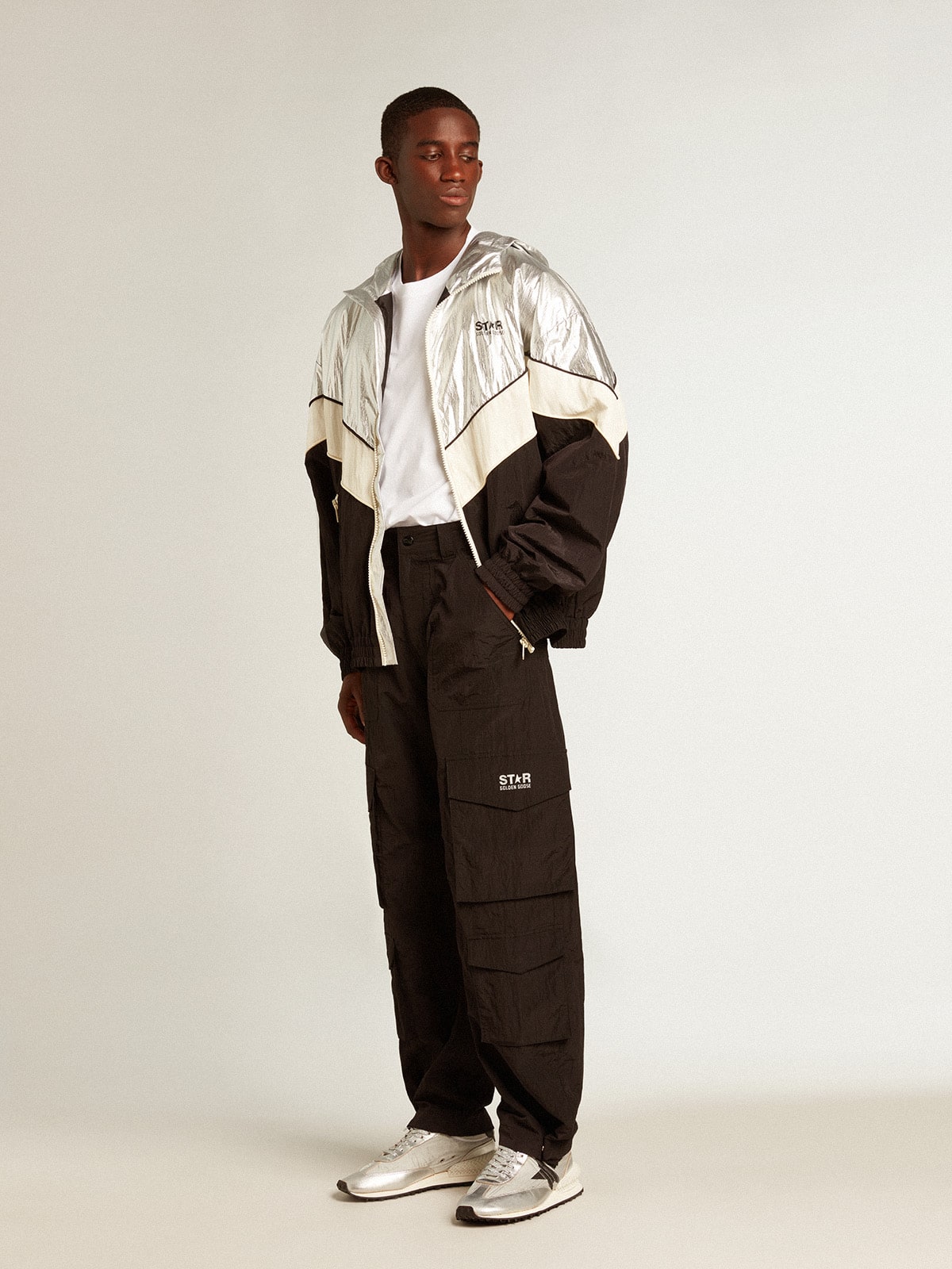 Men's windcheater in silver and black technical fabric| Golden Goose