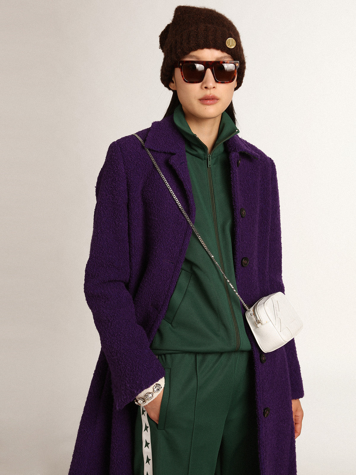 Women's coat in indigo purple wool with printed lining| Golden Goose