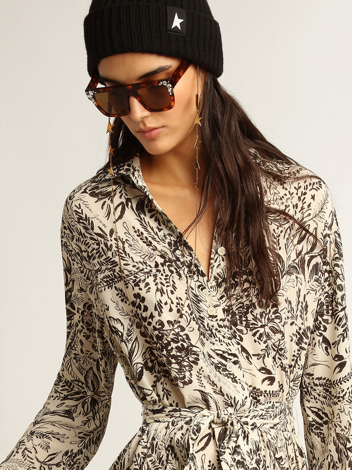 White dress with black toile de jouy print| Golden Goose