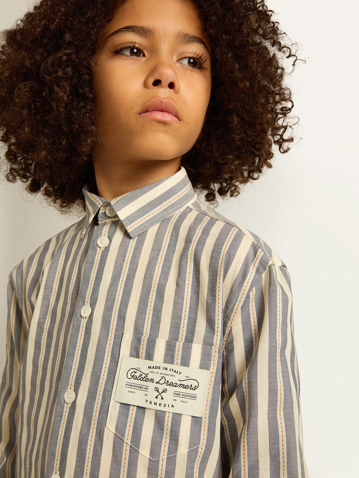 Boys' striped shirt with Golden Dreamers detail on the pocket| Golden Goose