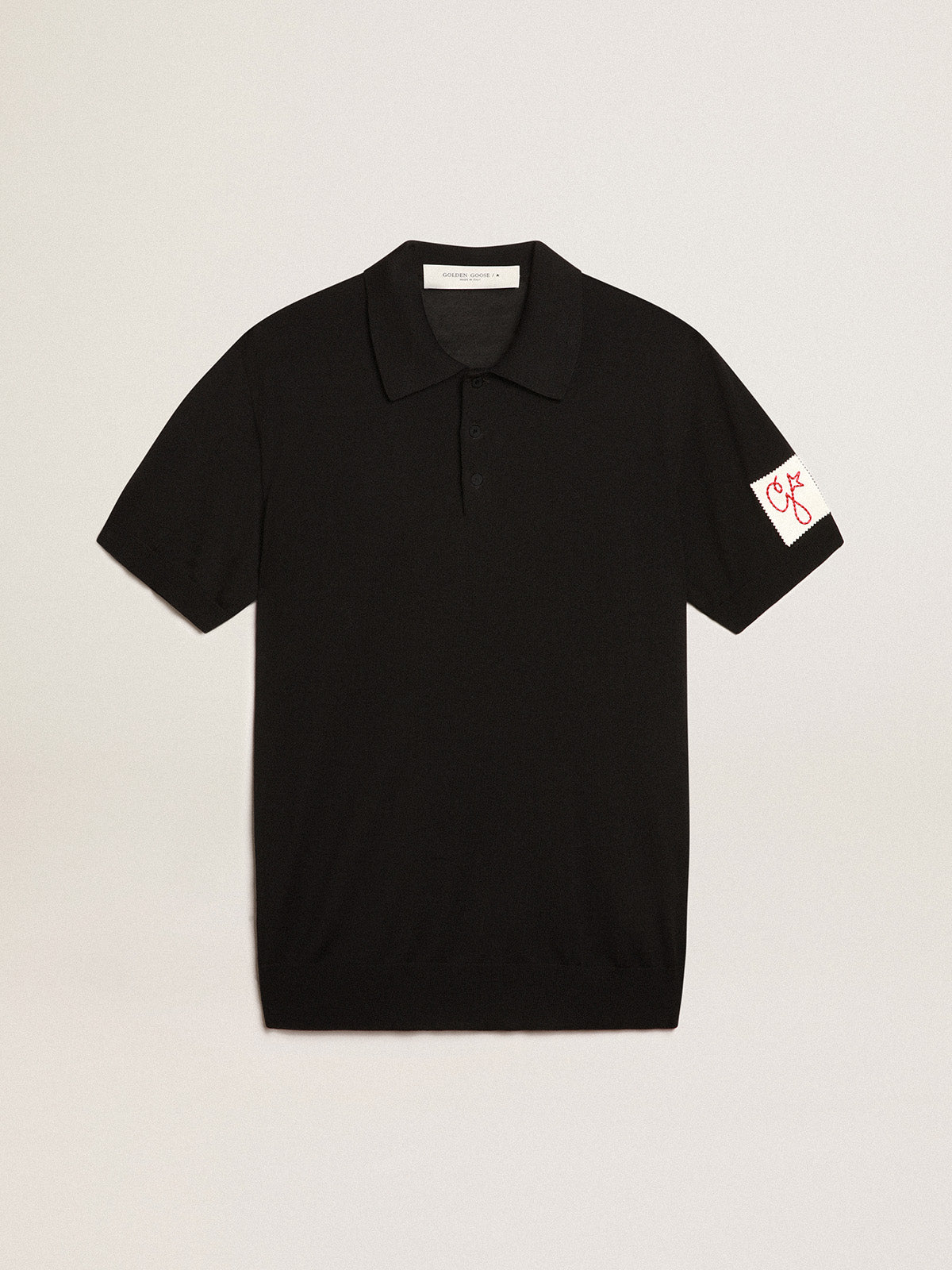 Men's short-sleeved polo shirt in black merino wool| Golden Goose