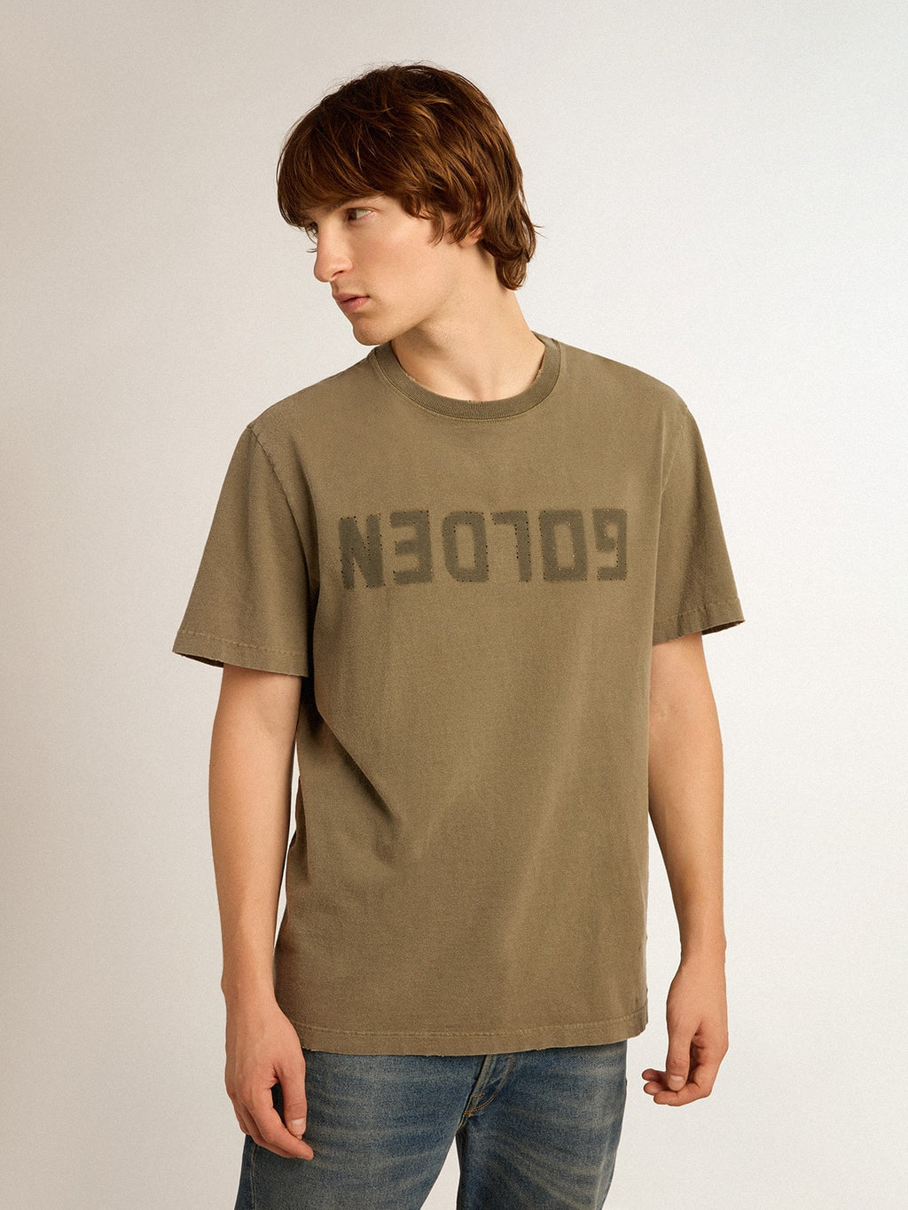 Men's olive green T-shirt with Golden lettering| Golden Goose