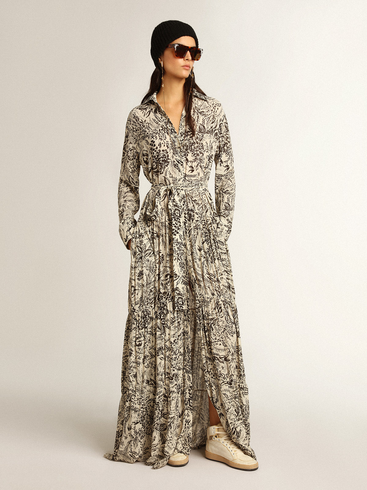 White dress with black toile de jouy print| Golden Goose