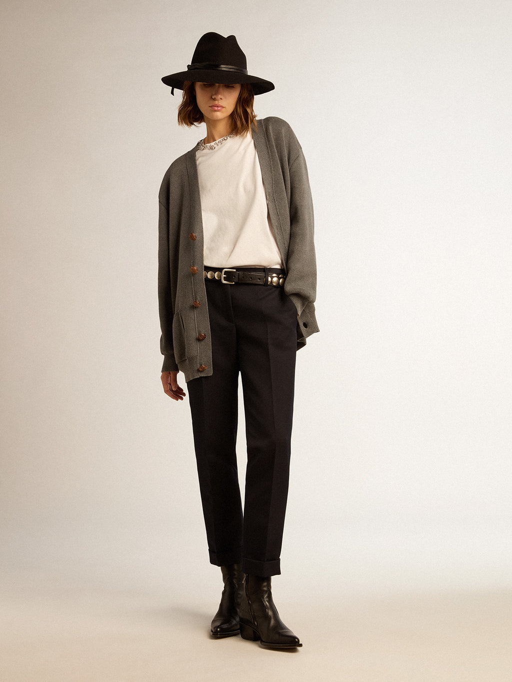 Women's grey cotton cardigan with buttons| Golden Goose