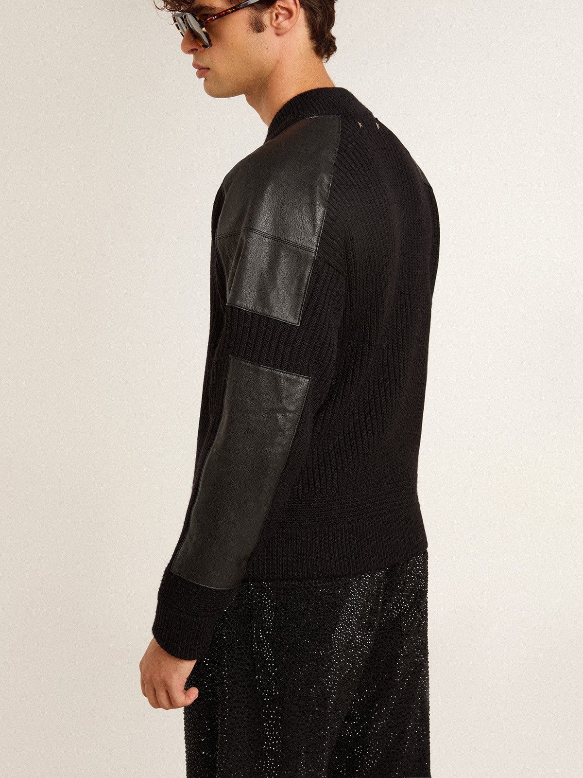 Men's black merino wool jacket with leather patches| Golden Goose