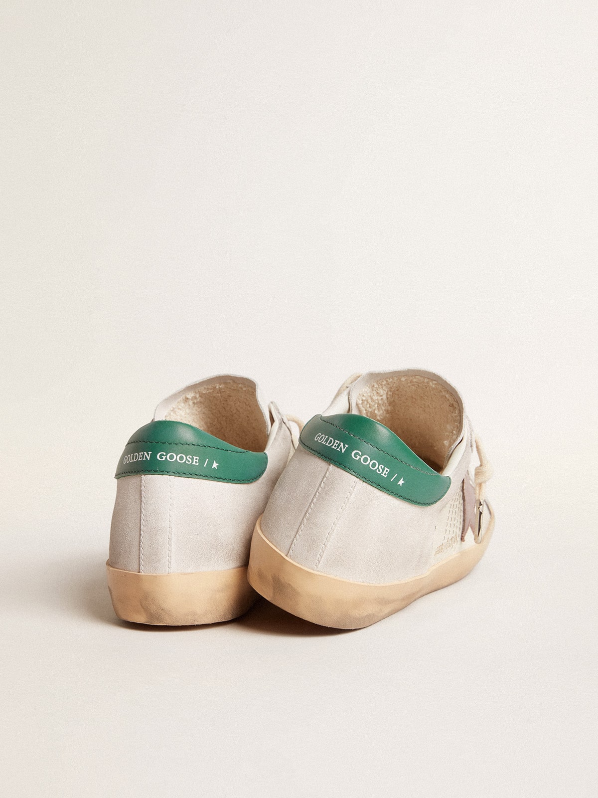 Super-Star LTD in suede with pink leather star and green heel tab| Golden Goose