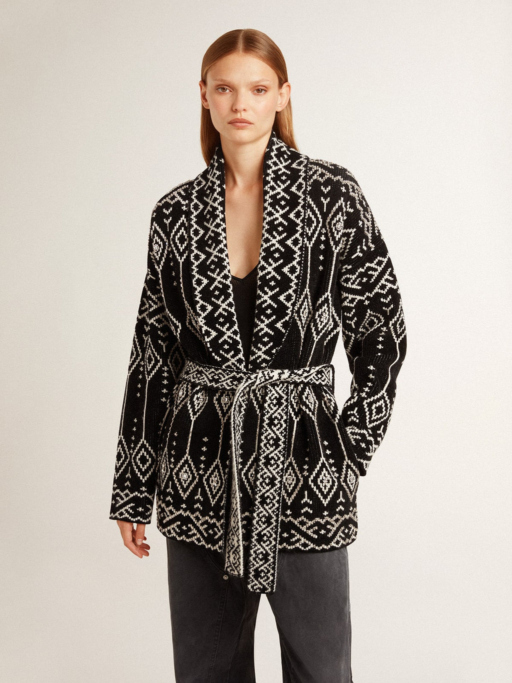 Women's black cardigan with belt and crystals| Golden Goose