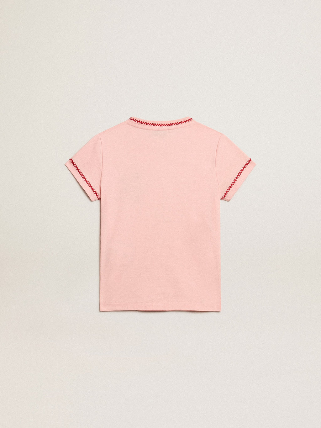 Pink T-shirt with red trim and embroidered flower on the heart| Golden Goose