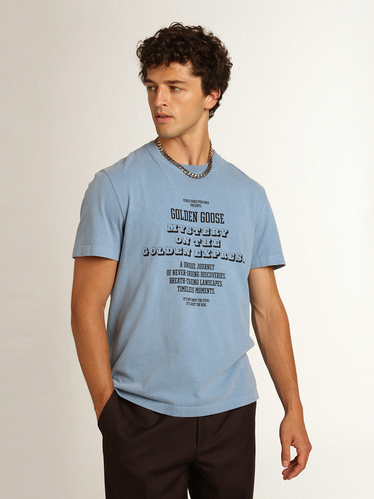 Women's harbor blue T-shirt with print on the front| Golden Goose