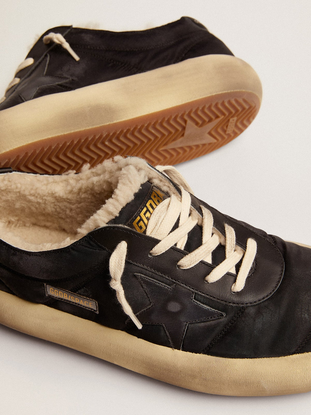 Women's Space-Star shoes in quilted black nylon with shearling lining| Golden Goose
