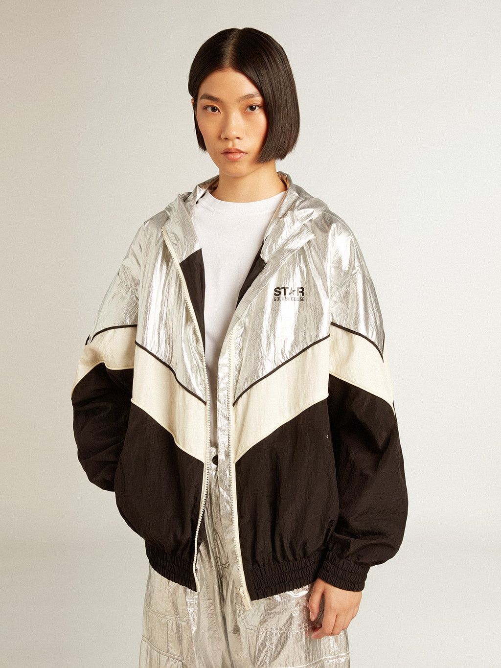 Women's windcheater in silver and black technical fabric| Golden Goose
