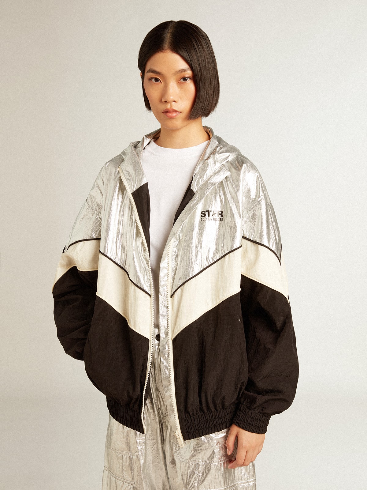 Women's windcheater in silver and black technical fabric| Golden Goose