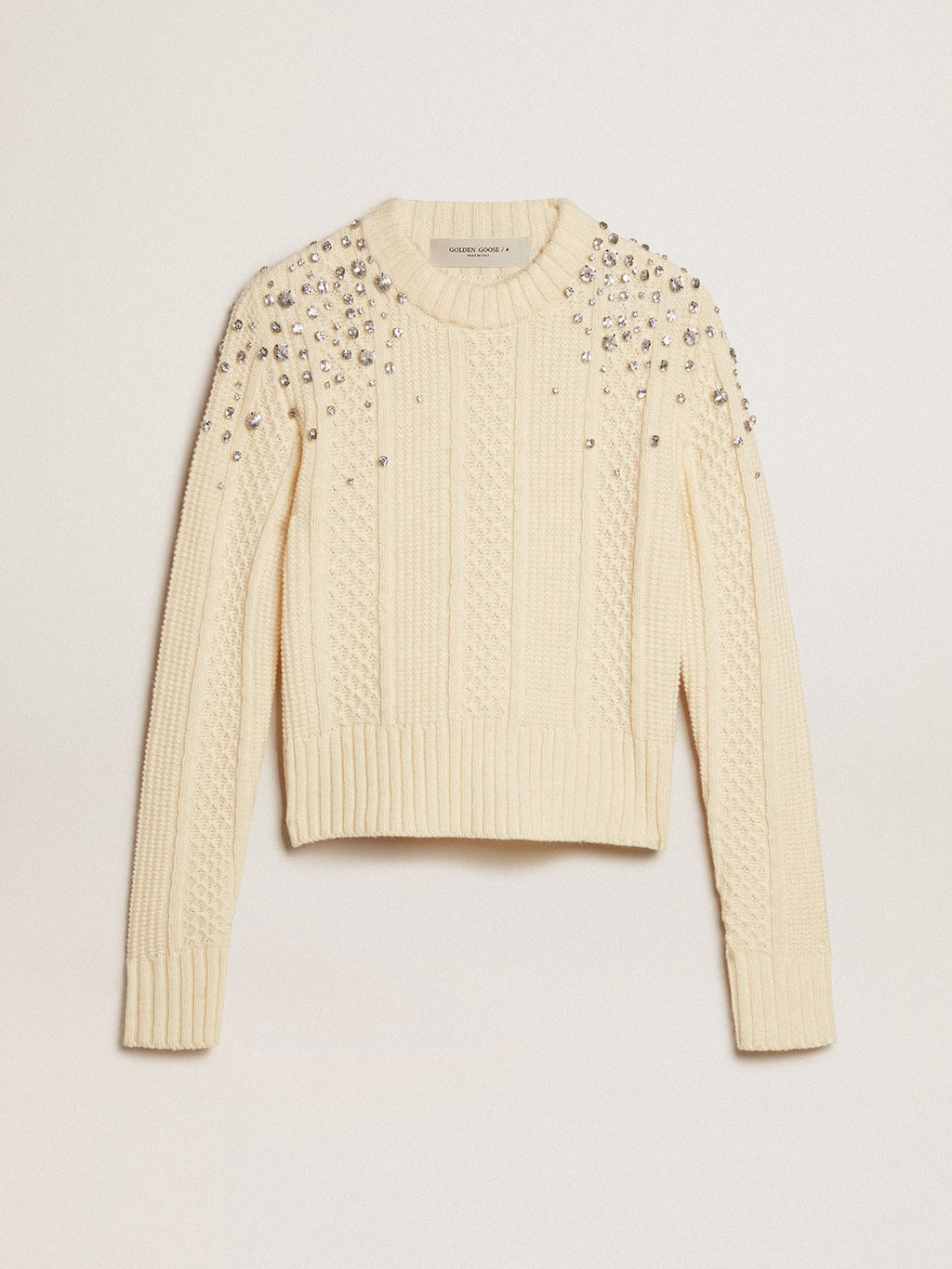 Women's cropped worn-white sweater with decorative crystals| Golden Goose