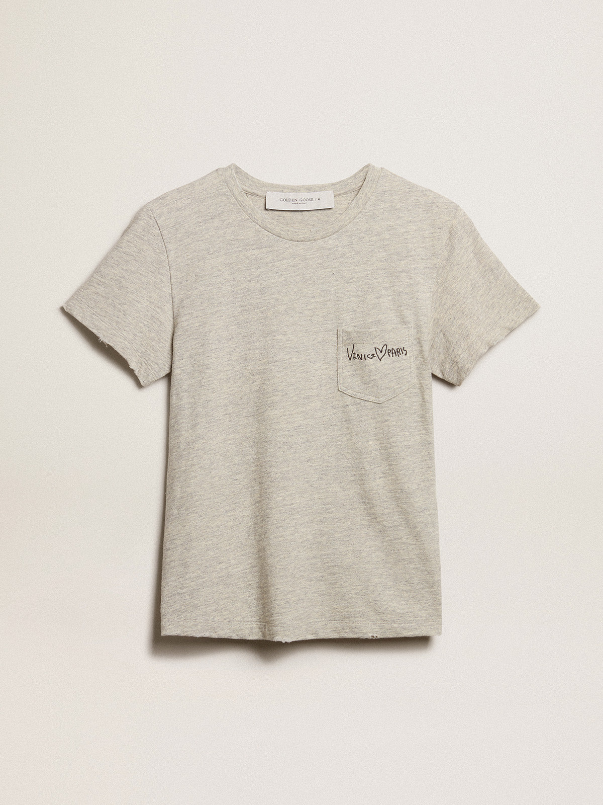 Women's gray melange cotton T-shirt with embroidered lettering| Golden Goose