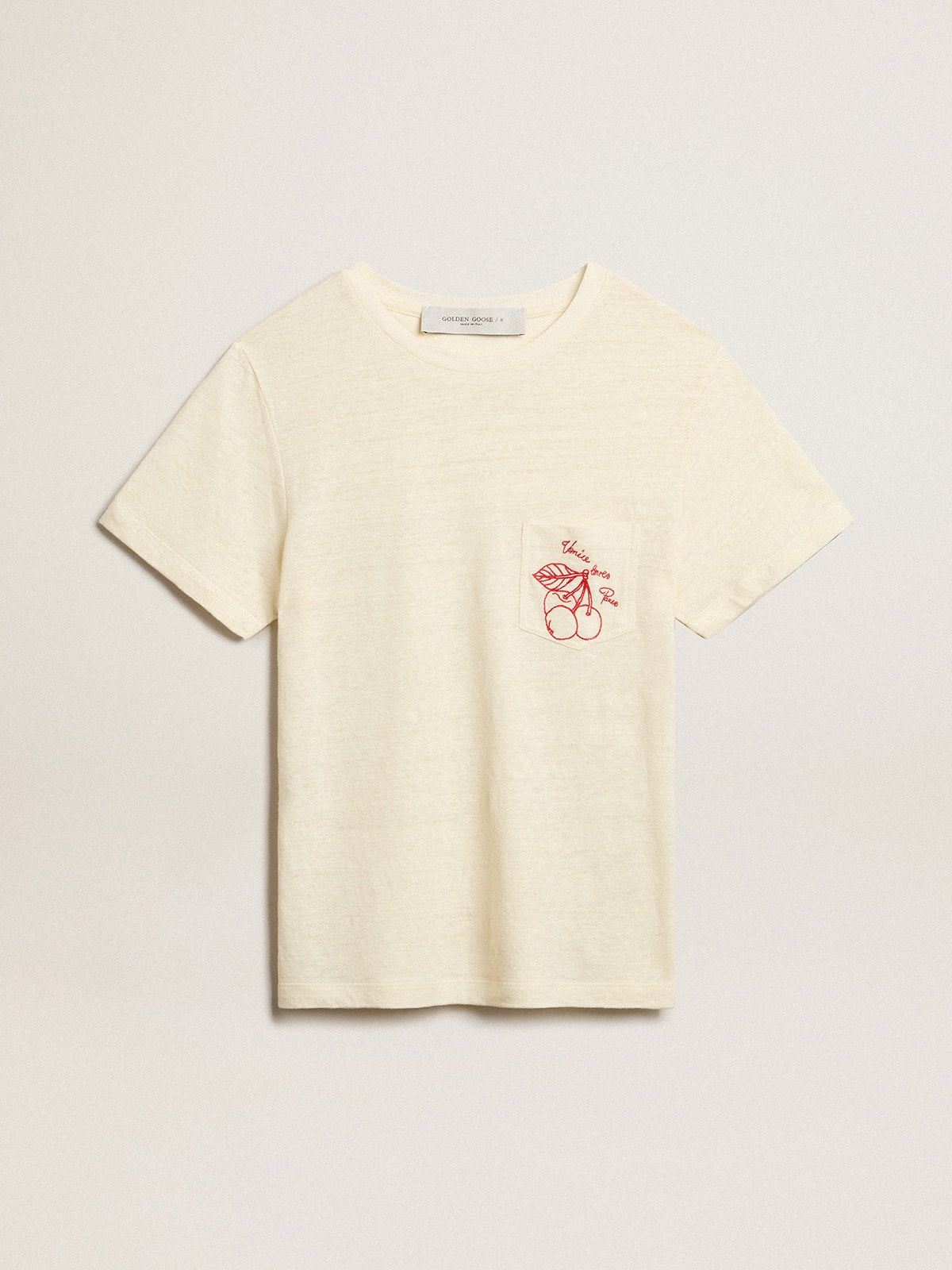 Women's cotton T-shirt in aged white with embroidered pocket| Golden Goose
