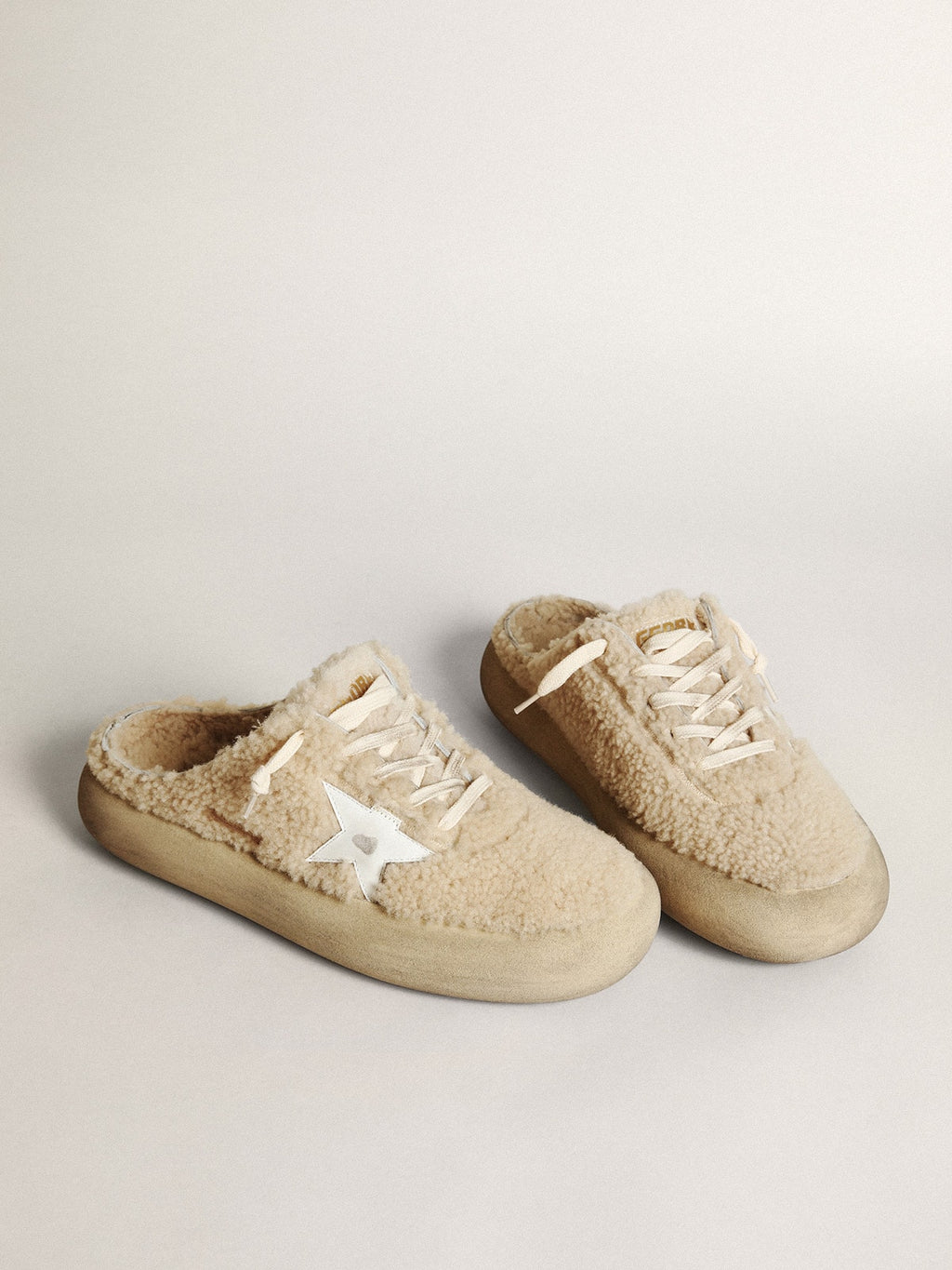 Men's Space-Star Sabots in beige shearling with white leather star| Golden Goose