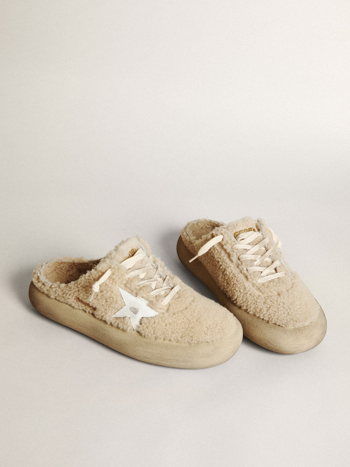 Men's Space-Star Sabots in beige shearling with white leather star| Golden Goose