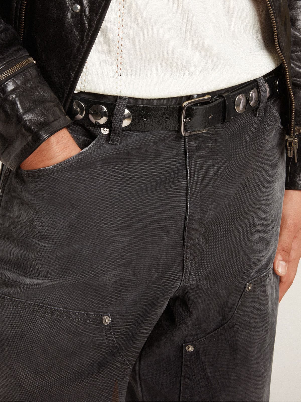Black Trinidad belt in washed leather with studs| Golden Goose