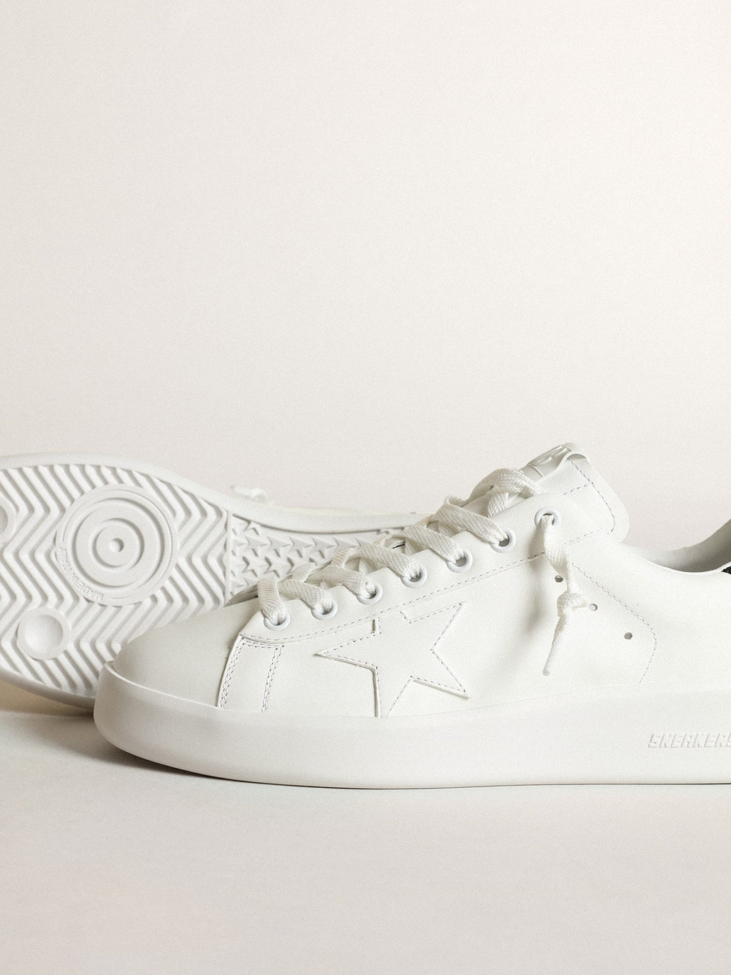 Purestar in white leather with tone-on-tone star and heel tab in black Swarovski crystals| Golden Goose