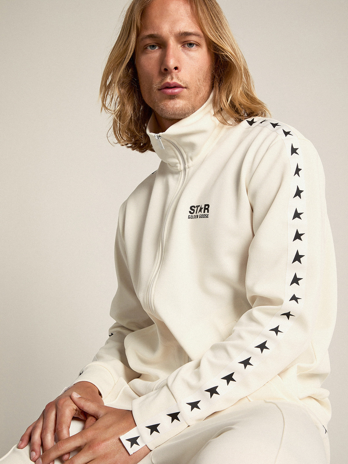 Men's papyrus white zipped sweatshirt with black stars| Golden Goose