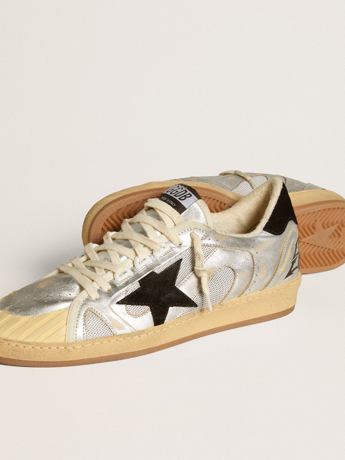 Ball Star LAB in silver leather with black suede star and heel tab| Golden Goose