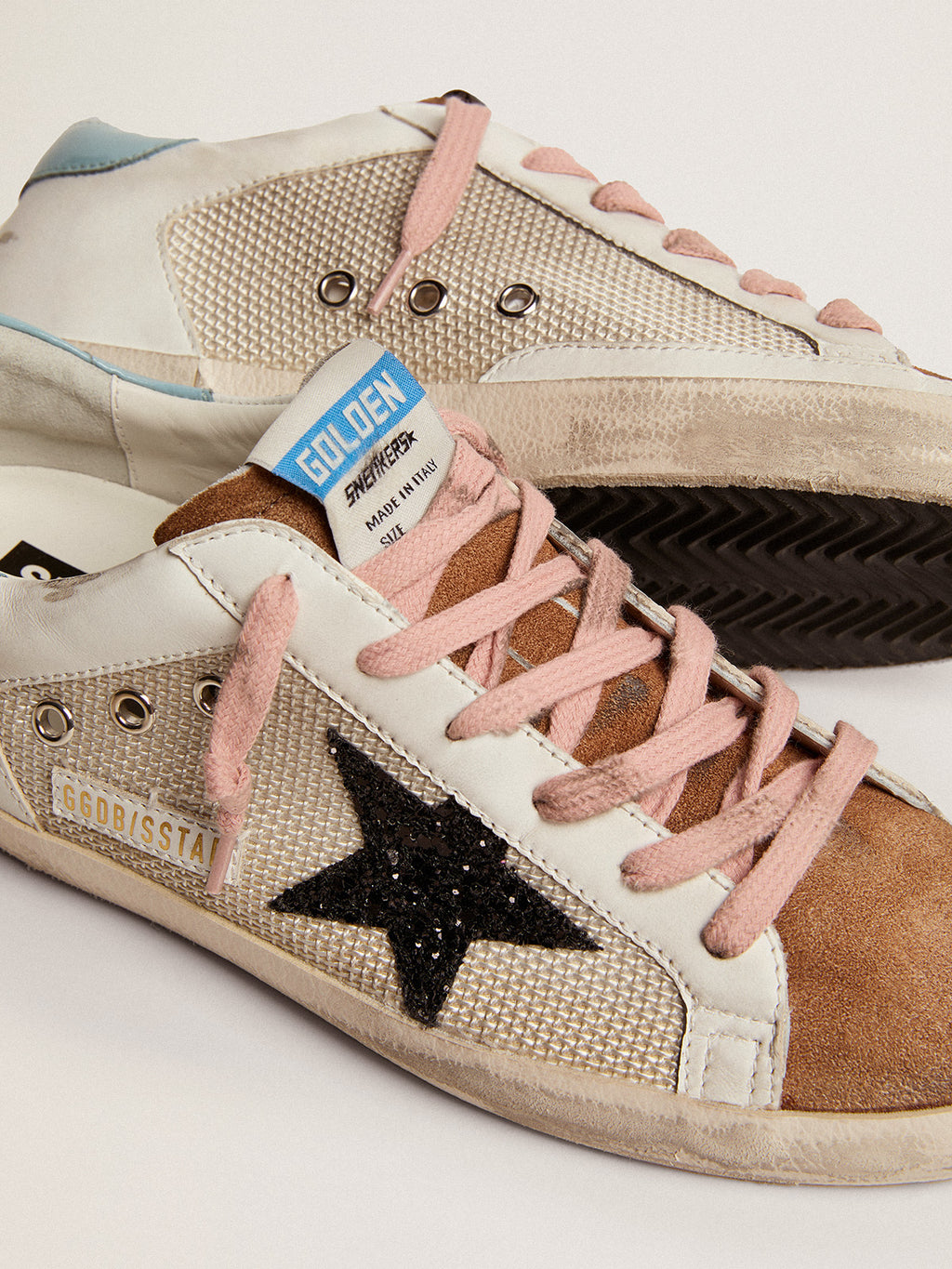 Super-Star sneakers in light gray mesh and white leather with black glitter star| Golden Goose