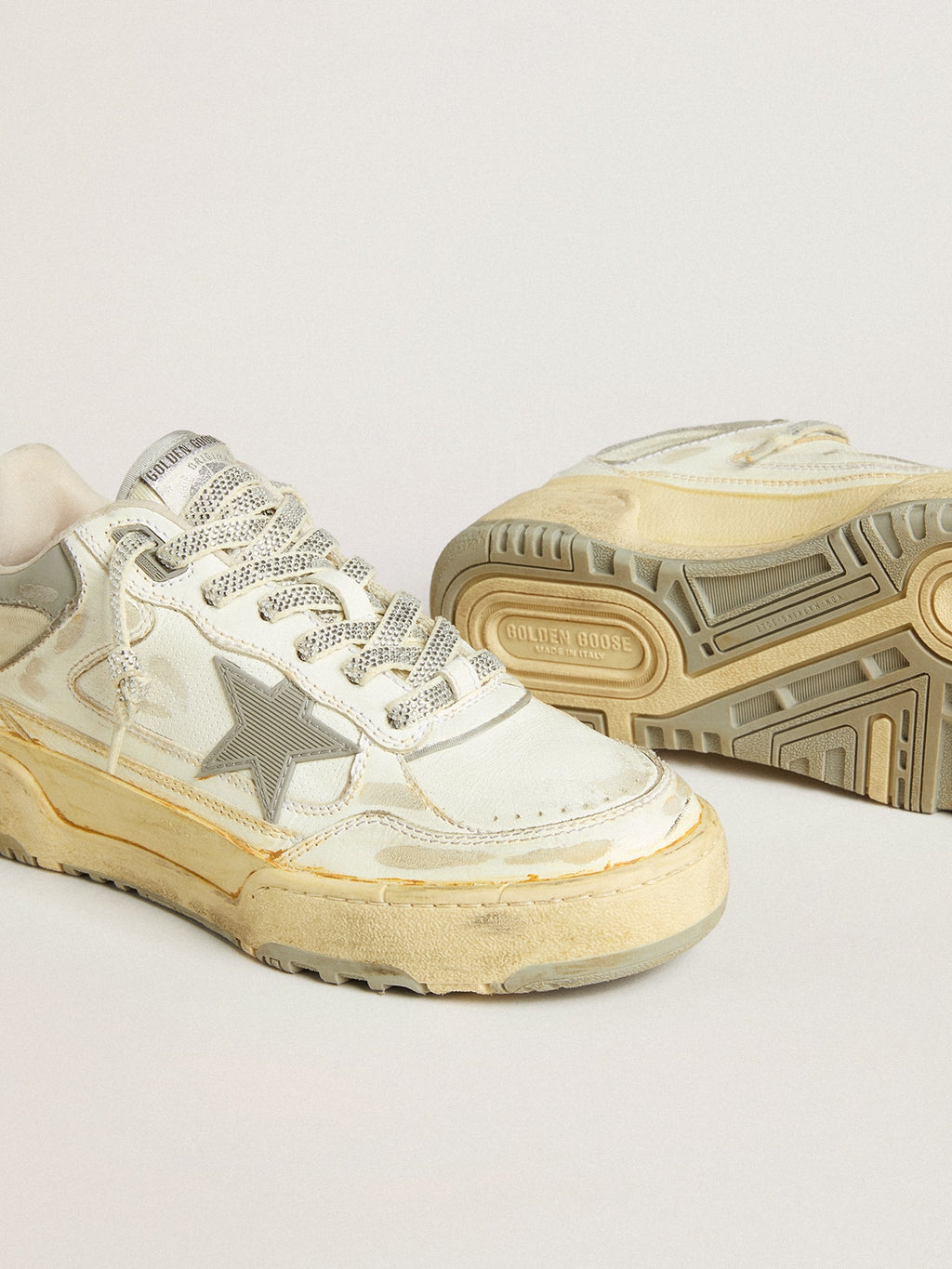 Men's Forty2 in white leather with laces with Swarovski crystals and gray star| Golden Goose