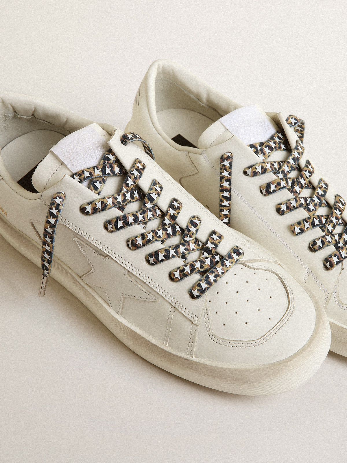 Beige and brown leopard-print laces with contrasting white stars| Golden Goose