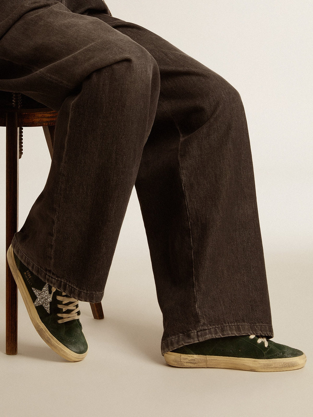 Mid Star in green suede with silver glitter star and leather flash| Golden Goose