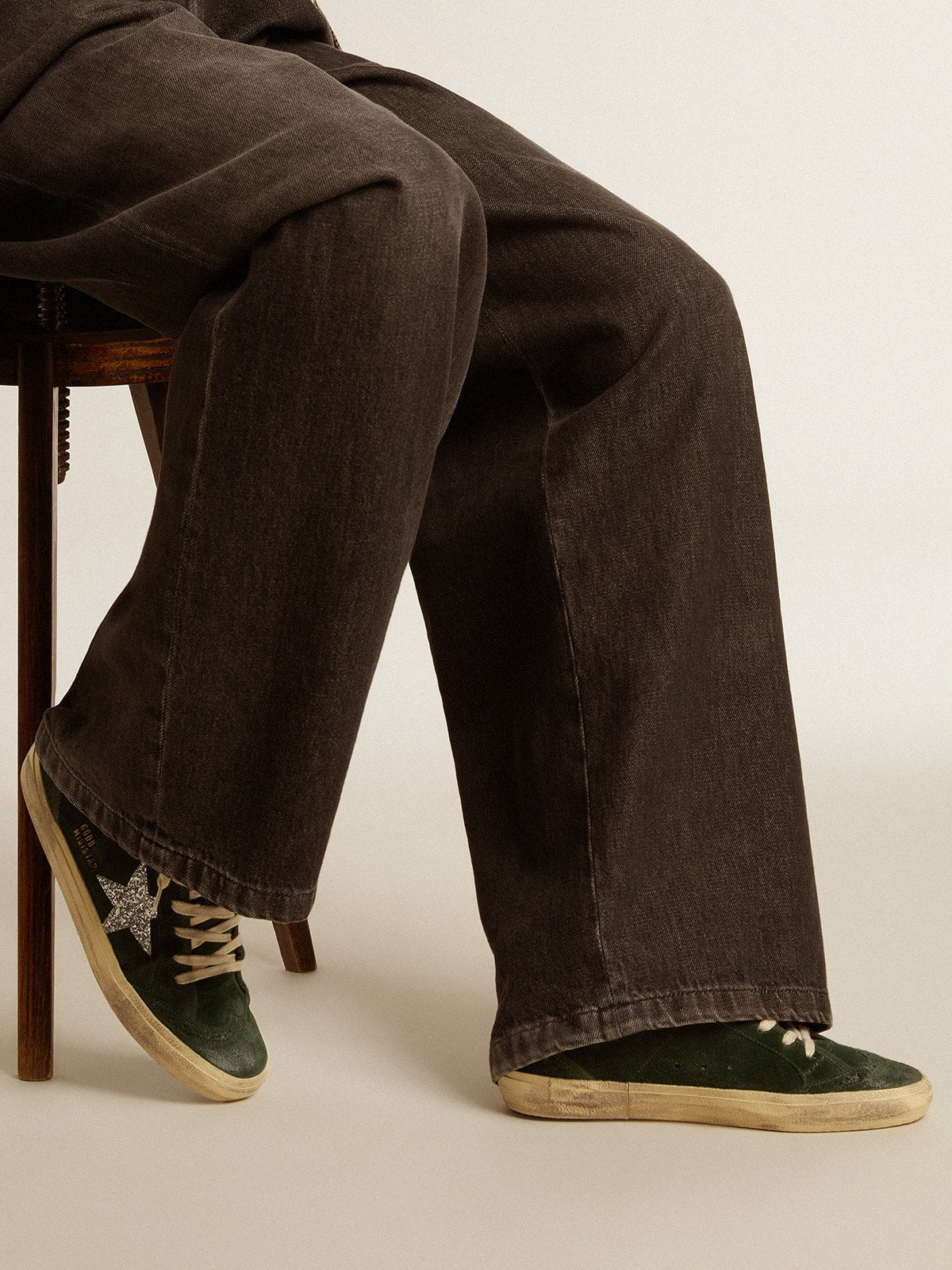 Mid Star in green suede with silver glitter star and leather flash| Golden Goose