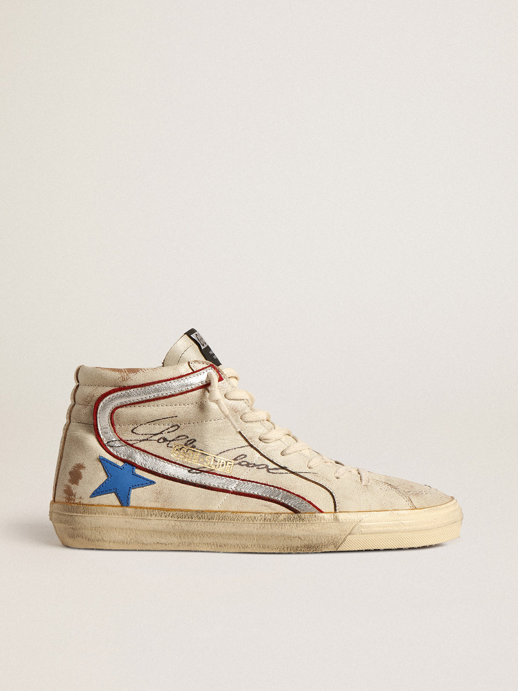 Slide LTD in ecru with bright blue star and silver leather flash| Golden Goose