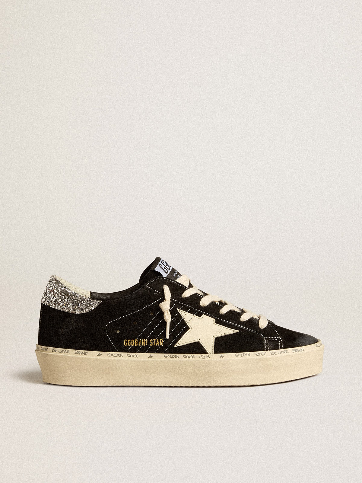 Women's Hi Star in black leather with silver glitter heel tab| Golden Goose