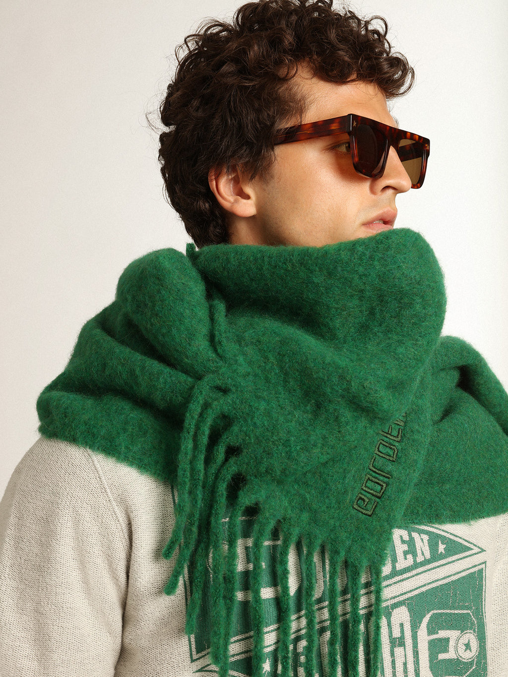 Dark green wool scarf with fringe and 'Golden' lettering| Golden Goose