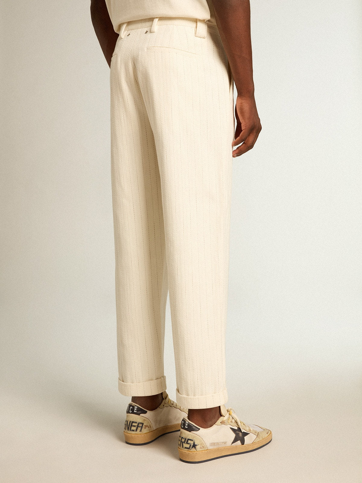 Aged white cotton pinstripe chino pants