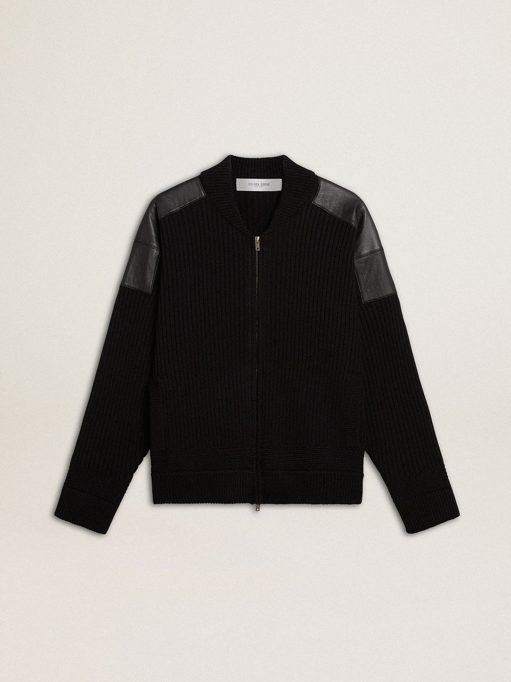 Men's black merino wool jacket with leather patches| Golden Goose