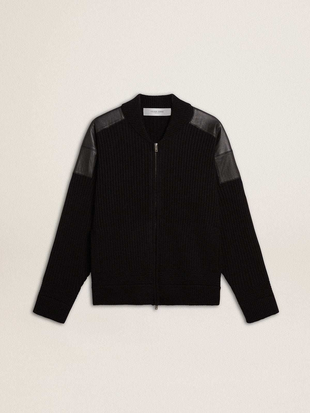 Men's black merino wool jacket with leather patches| Golden Goose