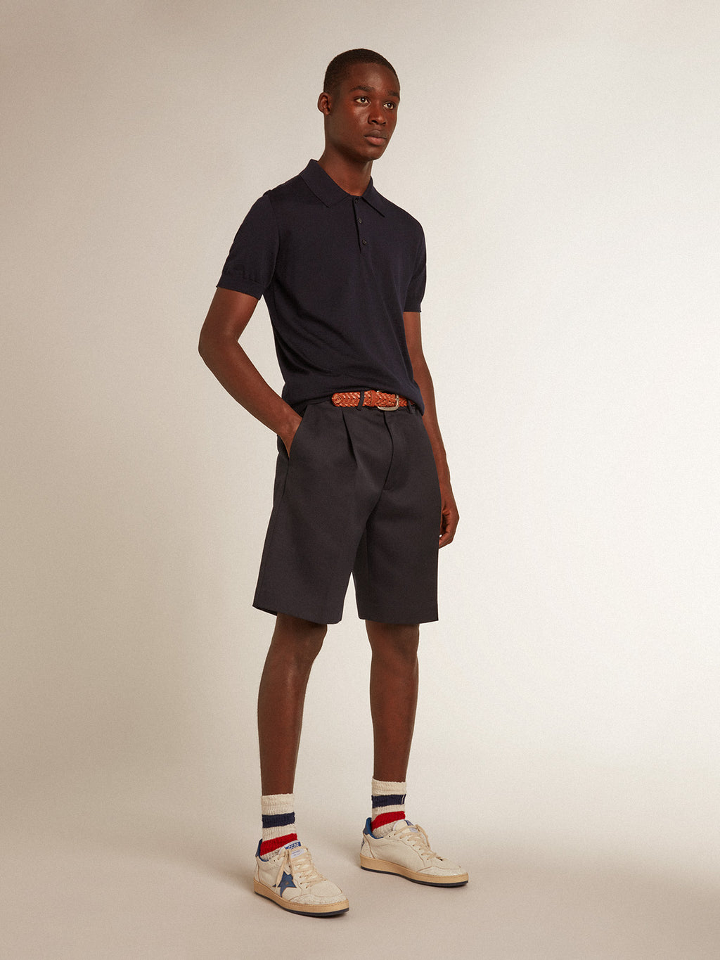 Men's short-sleeved polo shirt in navy-blue merino wool| Golden Goose